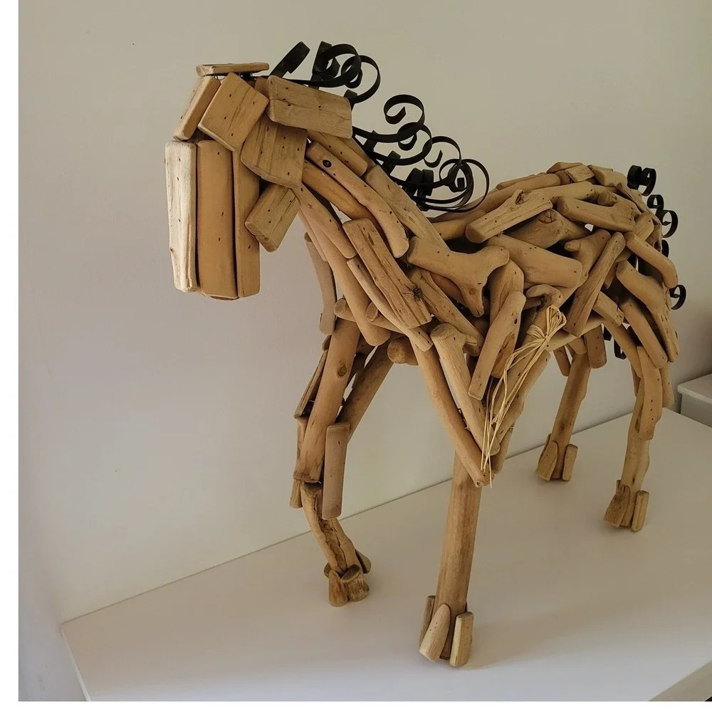 Handcrafted Driftwood Horse Art Sculpture Rustic Metal Mane Tail Tan 21